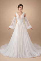 Elegant Ivory V-Neck Detachable Puff Sleeve Lace Tulle Wedding Dress with Train ZP062