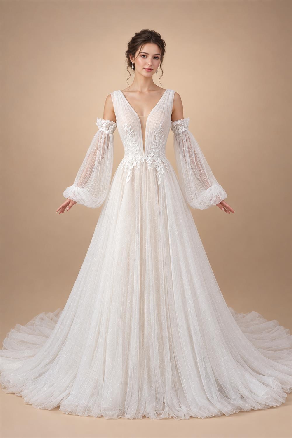 Elegant Ivory V-Neck Detachable Puff Sleeve Lace Tulle Wedding Dress with Train ZP062