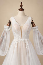 Elegant Ivory V-Neck Detachable Puff Sleeve Lace Tulle Wedding Dress with Train ZP062