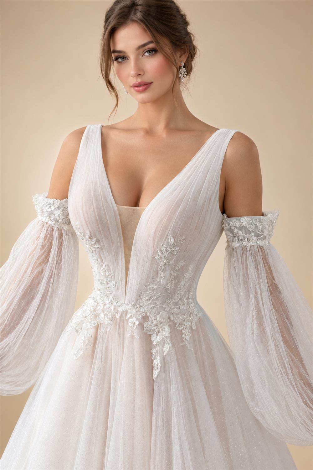 Elegant Ivory V-Neck Detachable Puff Sleeve Lace Tulle Wedding Dress with Train ZP062