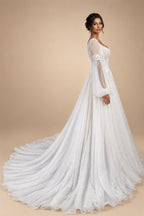 Elegant Ivory V-Neck Detachable Puff Sleeve Lace Tulle Wedding Dress with Train ZP062