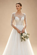 Glamorous White Illusion Neck Lace & Tulle Wedding Dress with Cathedral Train ZP063