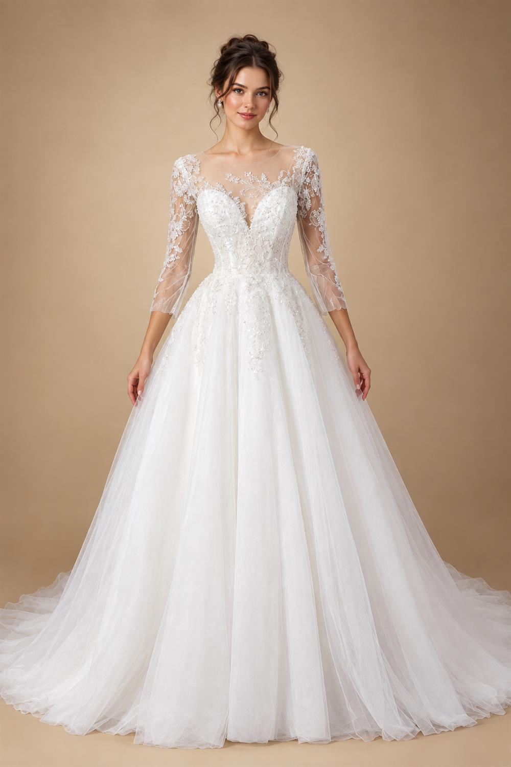 Glamorous White Illusion Neck Lace & Tulle Wedding Dress with Cathedral Train ZP063