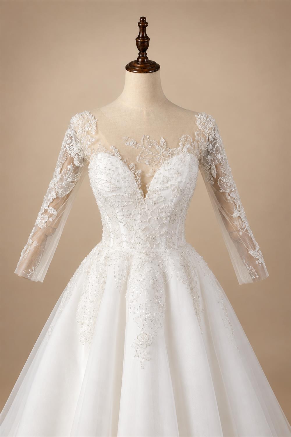 Glamorous White Illusion Neck Lace & Tulle Wedding Dress with Cathedral Train ZP063