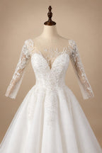 Glamorous White Illusion Neck Lace & Tulle Wedding Dress with Cathedral Train ZP063