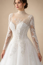 Glamorous White Illusion Neck Lace & Tulle Wedding Dress with Cathedral Train ZP063