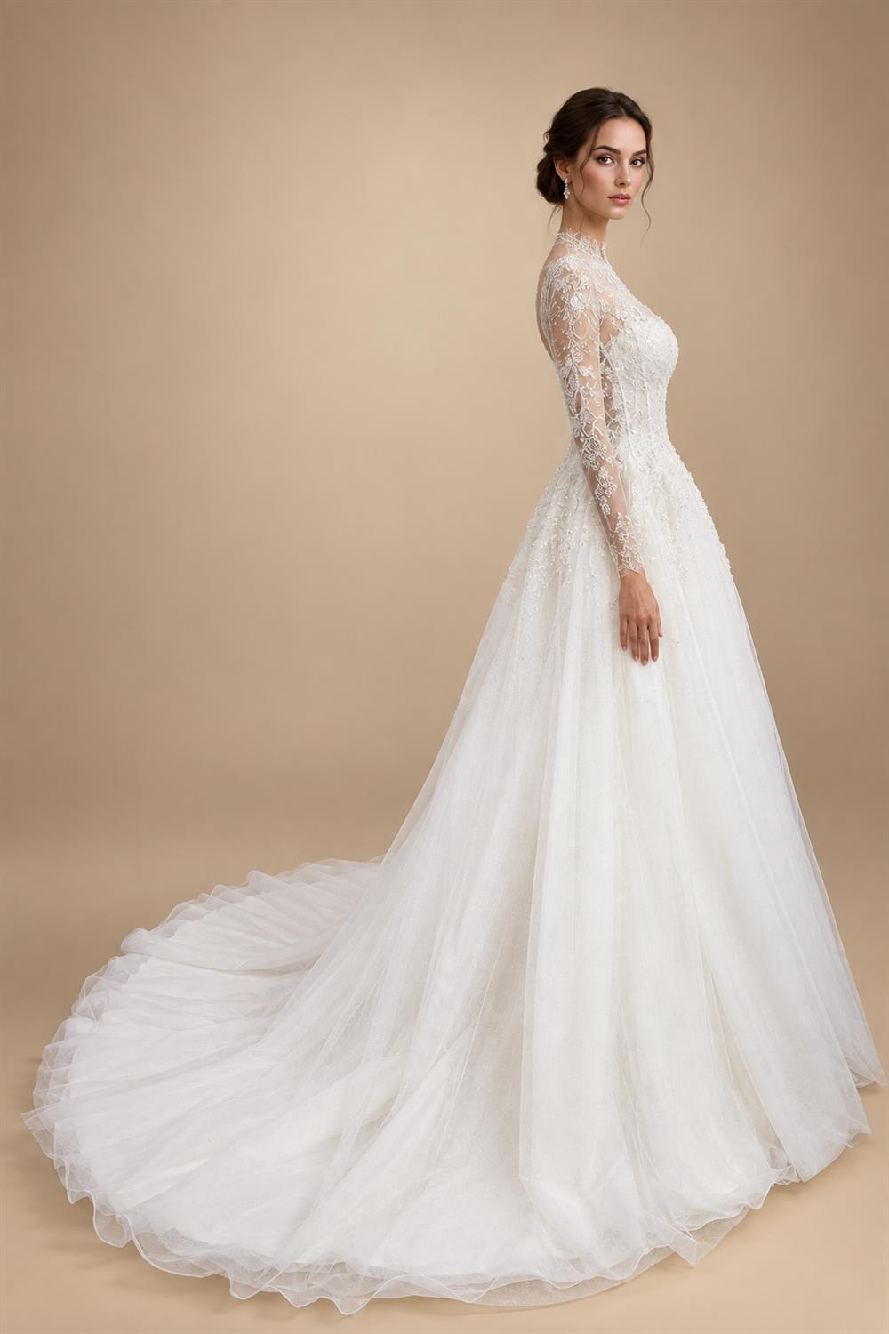 Glamorous White Illusion Neck Lace & Tulle Wedding Dress with Cathedral Train ZP063