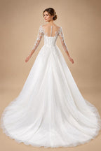 Glamorous White Illusion Neck Lace & Tulle Wedding Dress with Cathedral Train ZP063