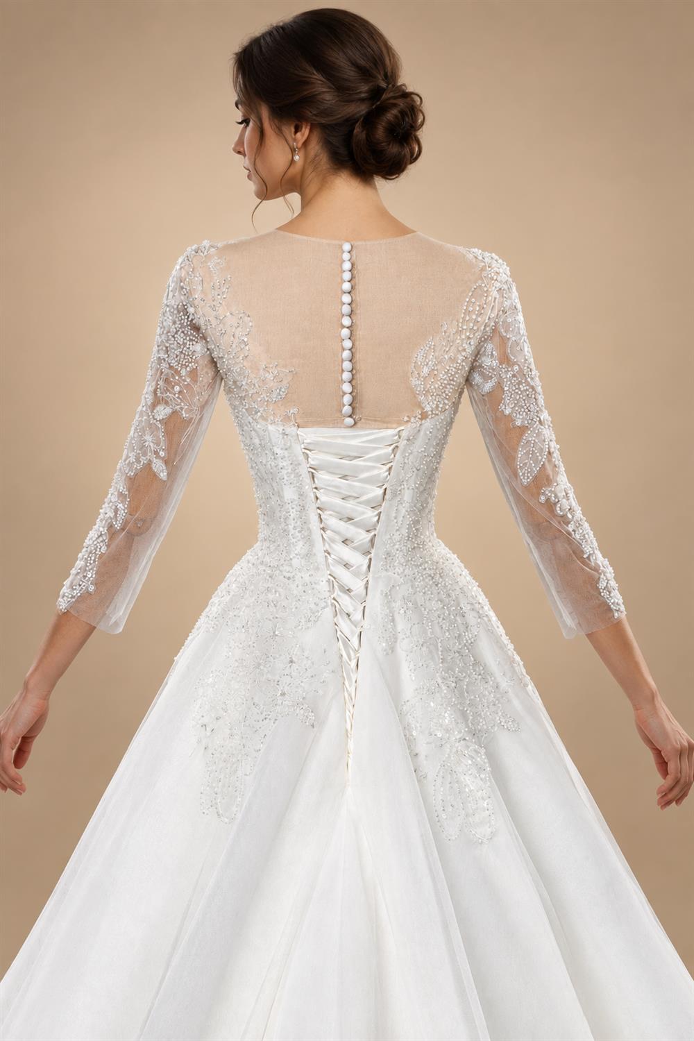 Glamorous White Illusion Neck Lace & Tulle Wedding Dress with Cathedral Train ZP063