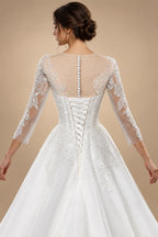 Glamorous White Illusion Neck Lace & Tulle Wedding Dress with Cathedral Train ZP063