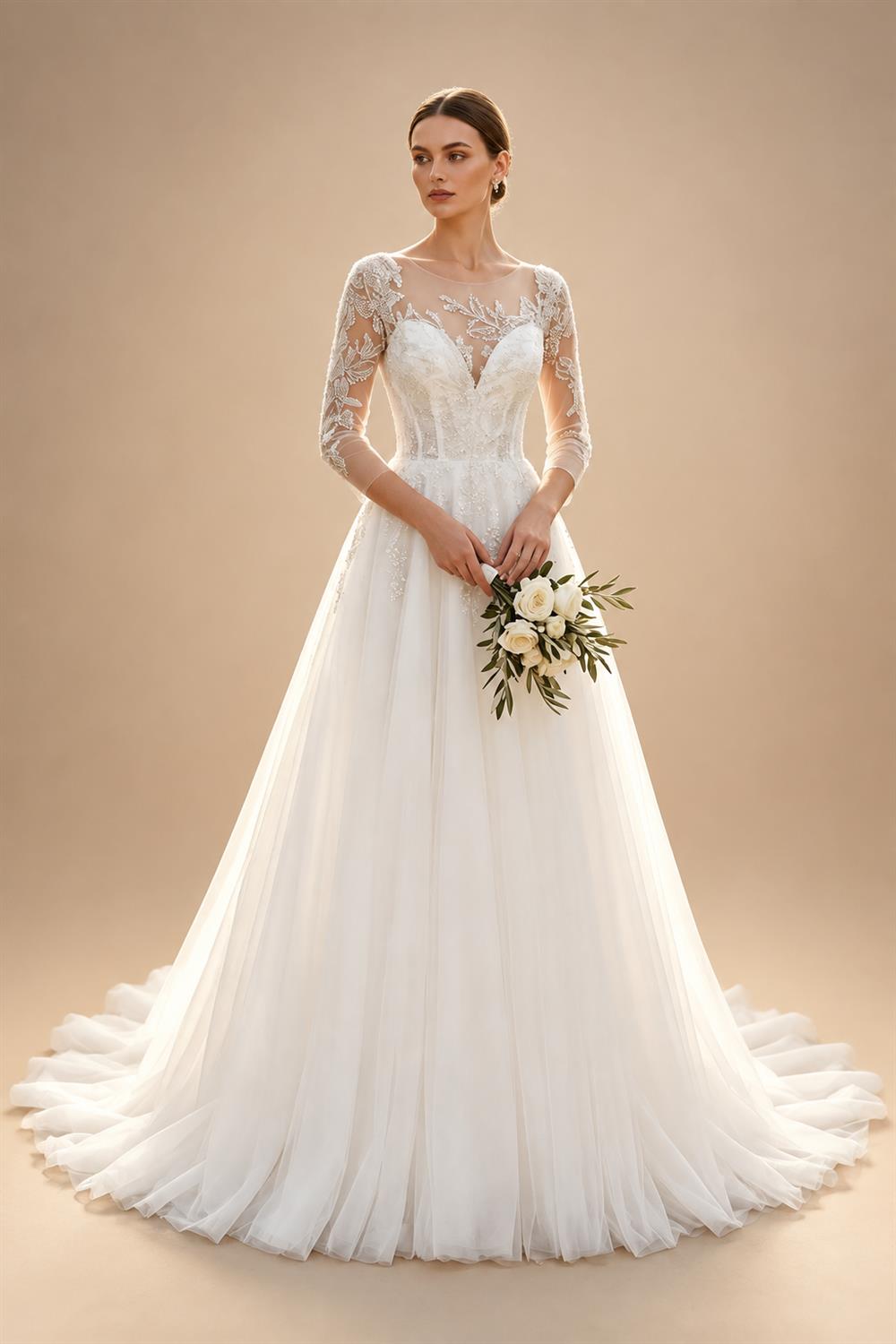 Glamorous White Illusion Neck Lace & Tulle Wedding Dress with Cathedral Train ZP063