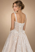 Luxury Ivory Square Neck Corset Lace Tulle A-Line Wedding Dress with Train ZP064
