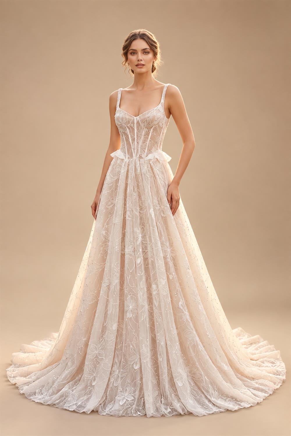 Luxury Ivory Square Neck Corset Lace Tulle A-Line Wedding Dress with Train ZP064
