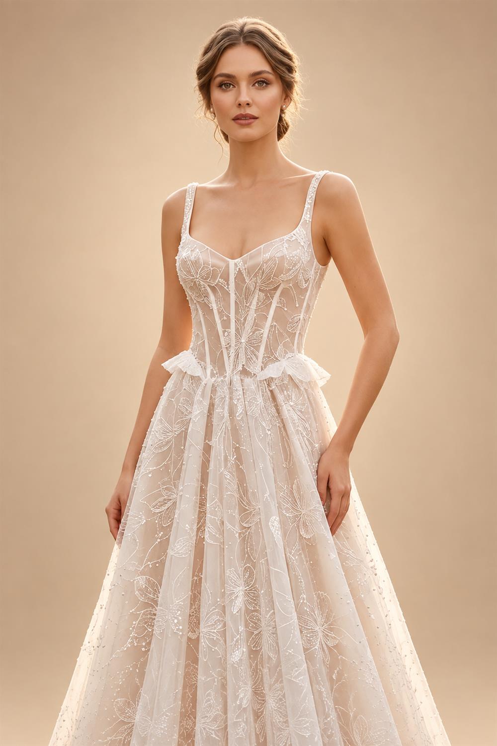 Luxury Ivory Square Neck Corset Lace Tulle A-Line Wedding Dress with Train ZP064