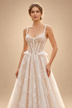 Luxury Ivory Square Neck Corset Lace Tulle A-Line Wedding Dress with Train ZP064