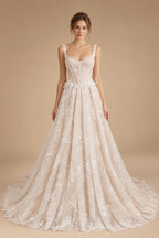 Luxury Ivory Square Neck Corset Lace Tulle A-Line Wedding Dress with Train ZP064