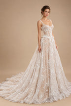 Luxury Ivory Square Neck Corset Lace Tulle A-Line Wedding Dress with Train ZP064