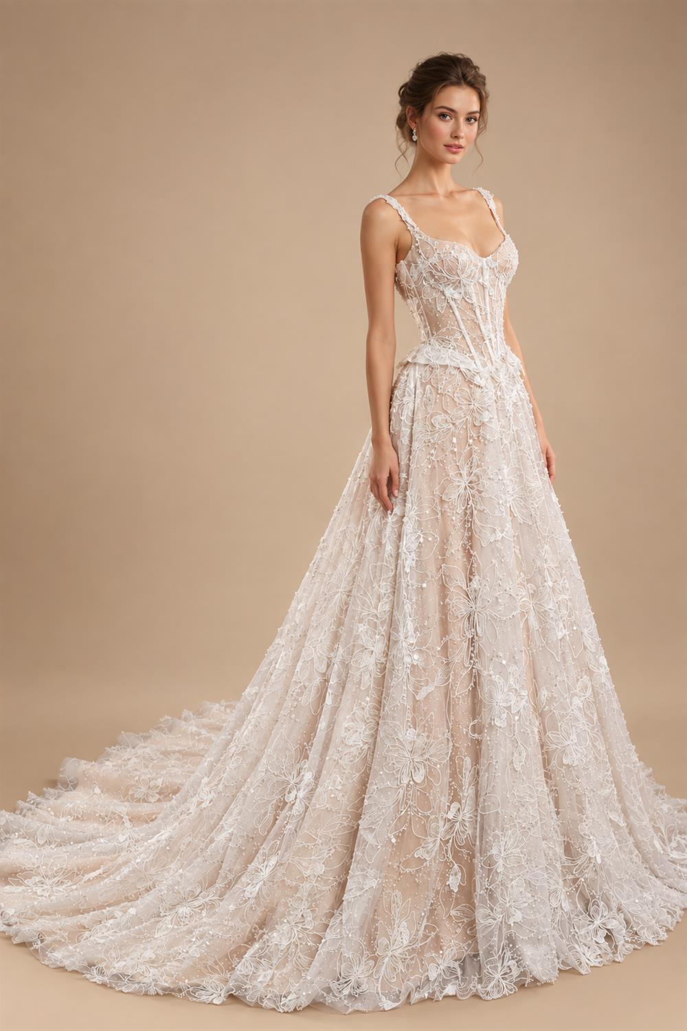 Luxury Ivory Square Neck Corset Lace Tulle A-Line Wedding Dress with Train ZP064