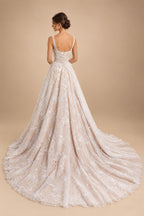 Luxury Ivory Square Neck Corset Lace Tulle A-Line Wedding Dress with Train ZP064
