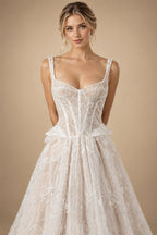 Luxury Ivory Square Neck Corset Lace Tulle A-Line Wedding Dress with Train ZP064