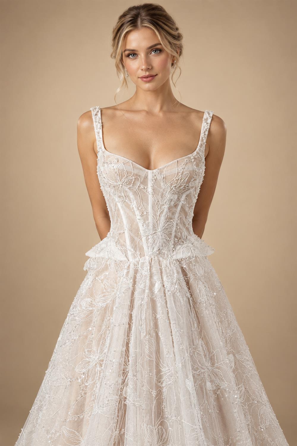 Luxury Ivory Square Neck Corset Lace Tulle A-Line Wedding Dress with Train ZP064