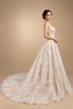 Luxury Ivory Square Neck Corset Lace Tulle A-Line Wedding Dress with Train ZP064