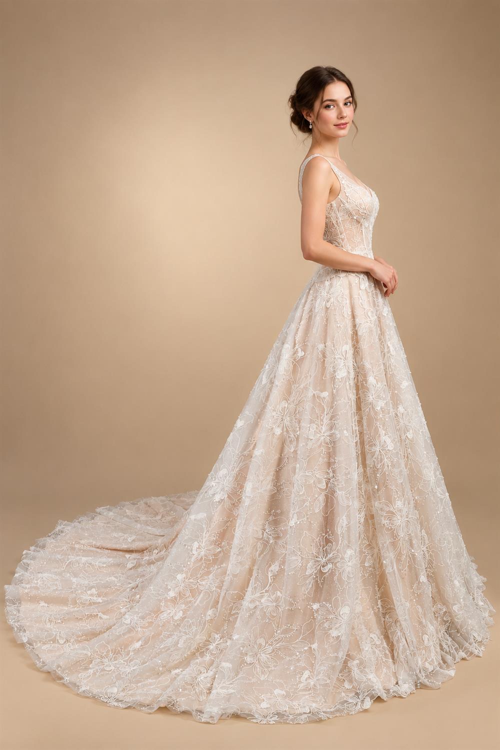 Luxury Ivory Square Neck Corset Lace Tulle A-Line Wedding Dress with Train ZP064