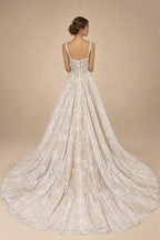 Luxury Ivory Square Neck Corset Lace Tulle A-Line Wedding Dress with Train ZP064
