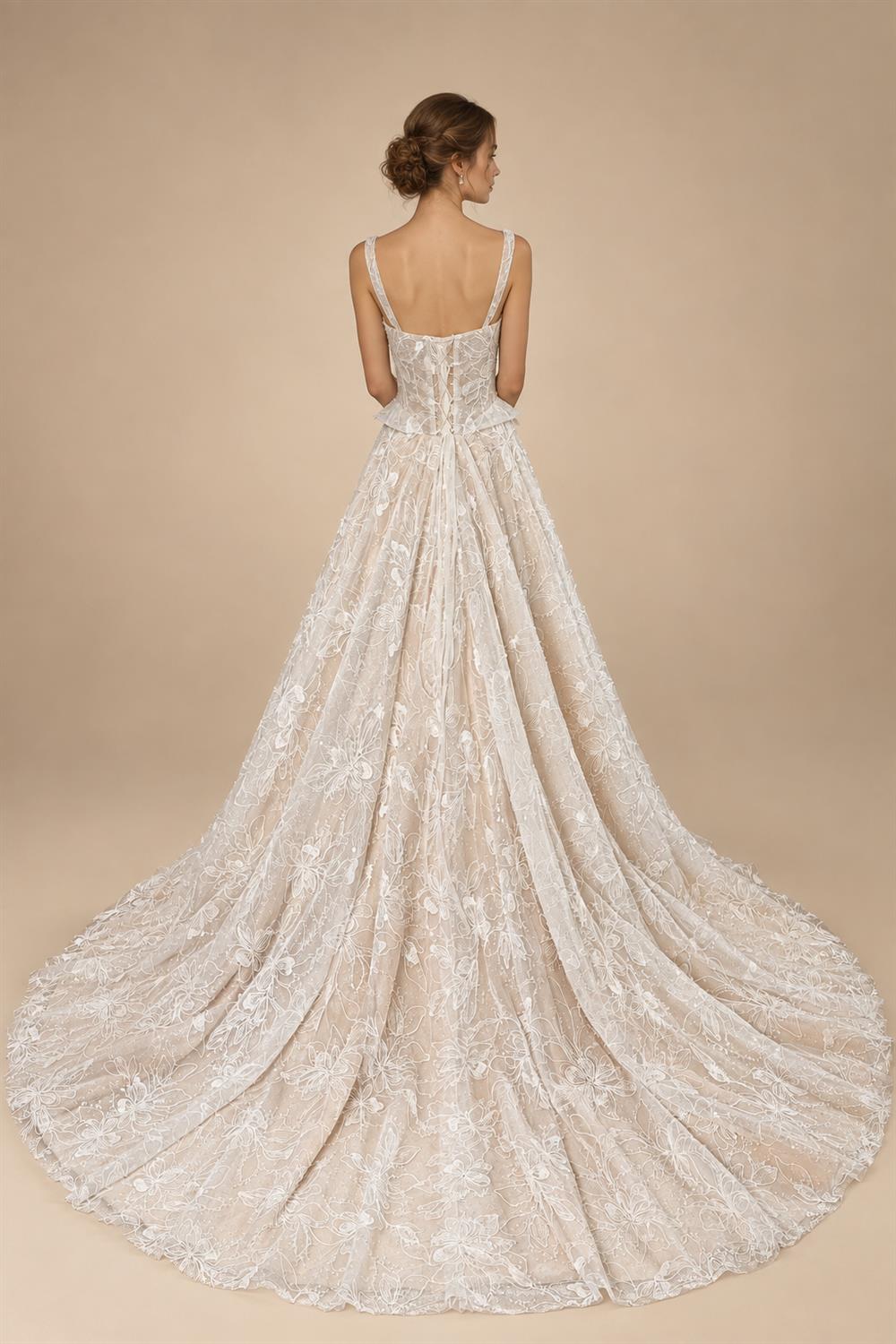 Luxury Ivory Square Neck Corset Lace Tulle A-Line Wedding Dress with Train ZP064