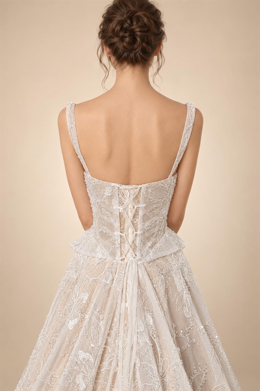 Luxury Ivory Square Neck Corset Lace Tulle A-Line Wedding Dress with Train ZP064