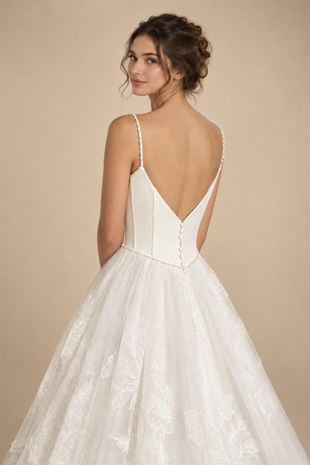 Elegant White Spaghetti Strap Satin Bodice Lace Tulle Wedding Dress with Train ZP065