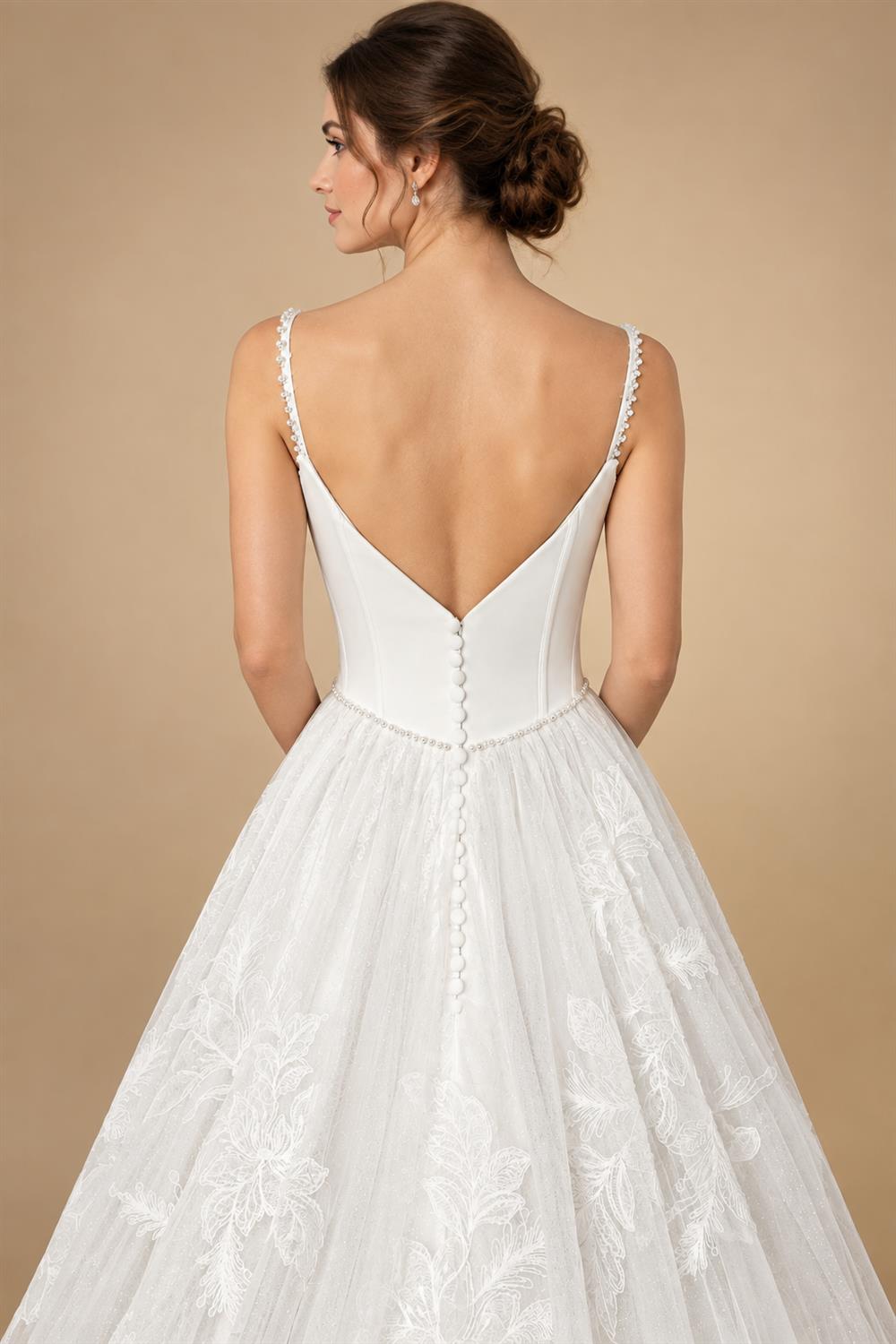 Elegant White Spaghetti Strap Satin Bodice Lace Tulle Wedding Dress with Train ZP065
