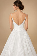 Elegant White Spaghetti Strap Satin Bodice Lace Tulle Wedding Dress with Train ZP065