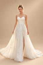 Elegant White Spaghetti Strap Satin Bodice Lace Tulle Wedding Dress with Train ZP065