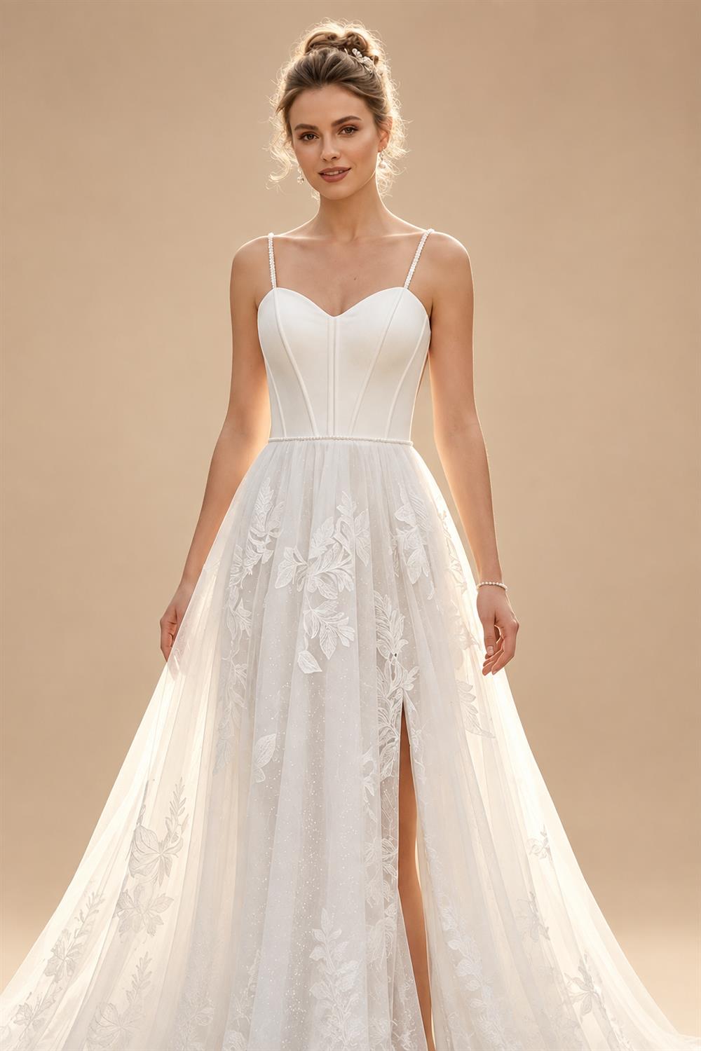 Elegant White Spaghetti Strap Satin Bodice Lace Tulle Wedding Dress with Train ZP065