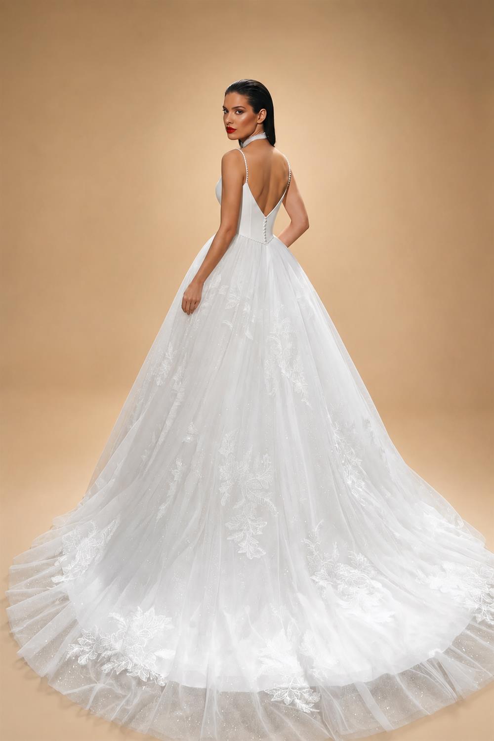 Elegant White Spaghetti Strap Satin Bodice Lace Tulle Wedding Dress with Train ZP065