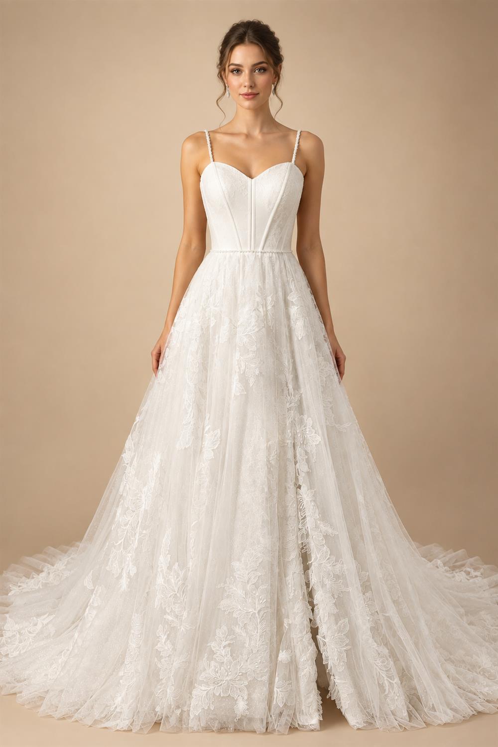 Elegant White Spaghetti Strap Satin Bodice Lace Tulle Wedding Dress with Train ZP065