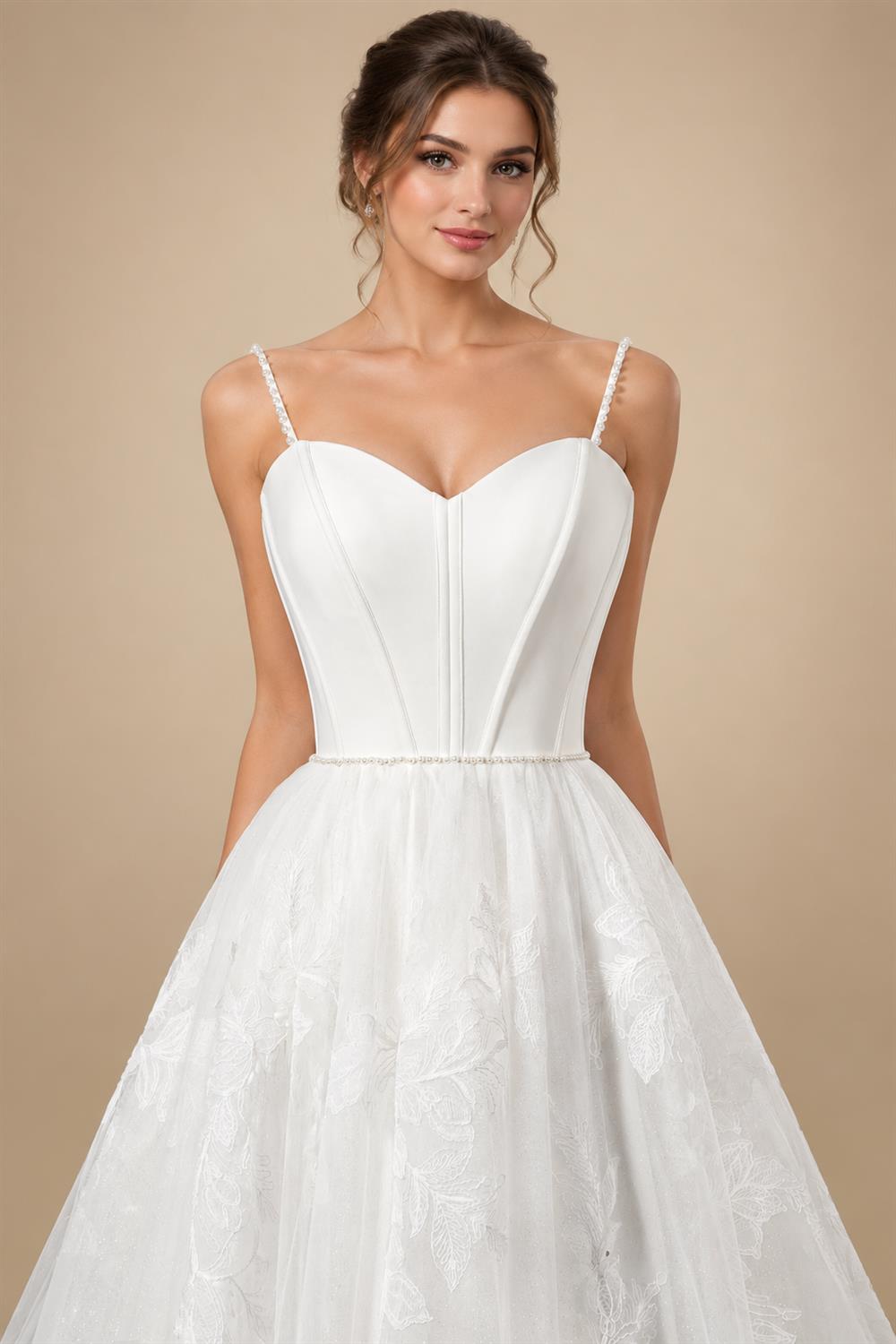 Elegant White Spaghetti Strap Satin Bodice Lace Tulle Wedding Dress with Train ZP065