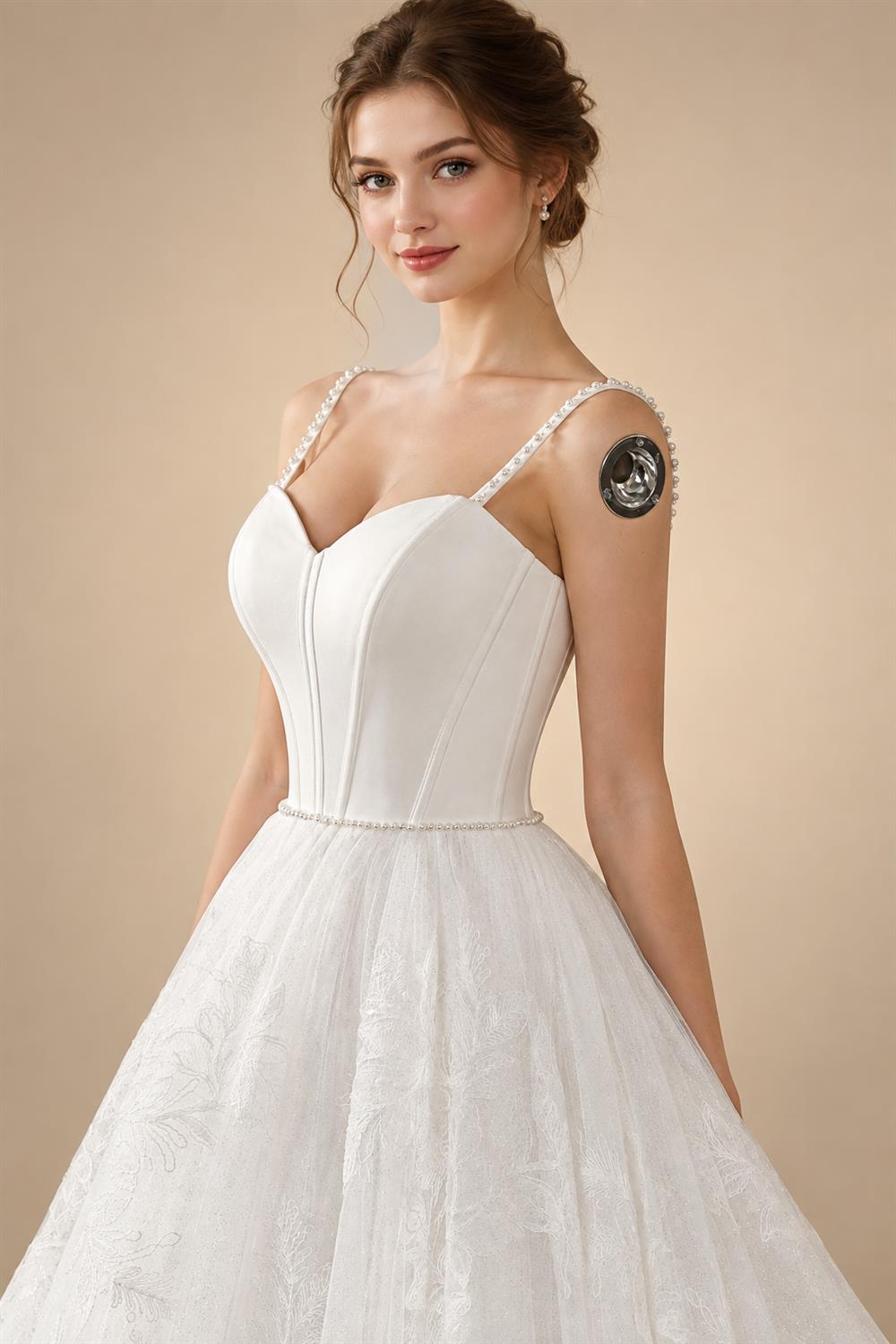 Elegant White Spaghetti Strap Satin Bodice Lace Tulle Wedding Dress with Train ZP065