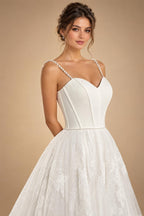 Elegant White Spaghetti Strap Satin Bodice Lace Tulle Wedding Dress with Train ZP065