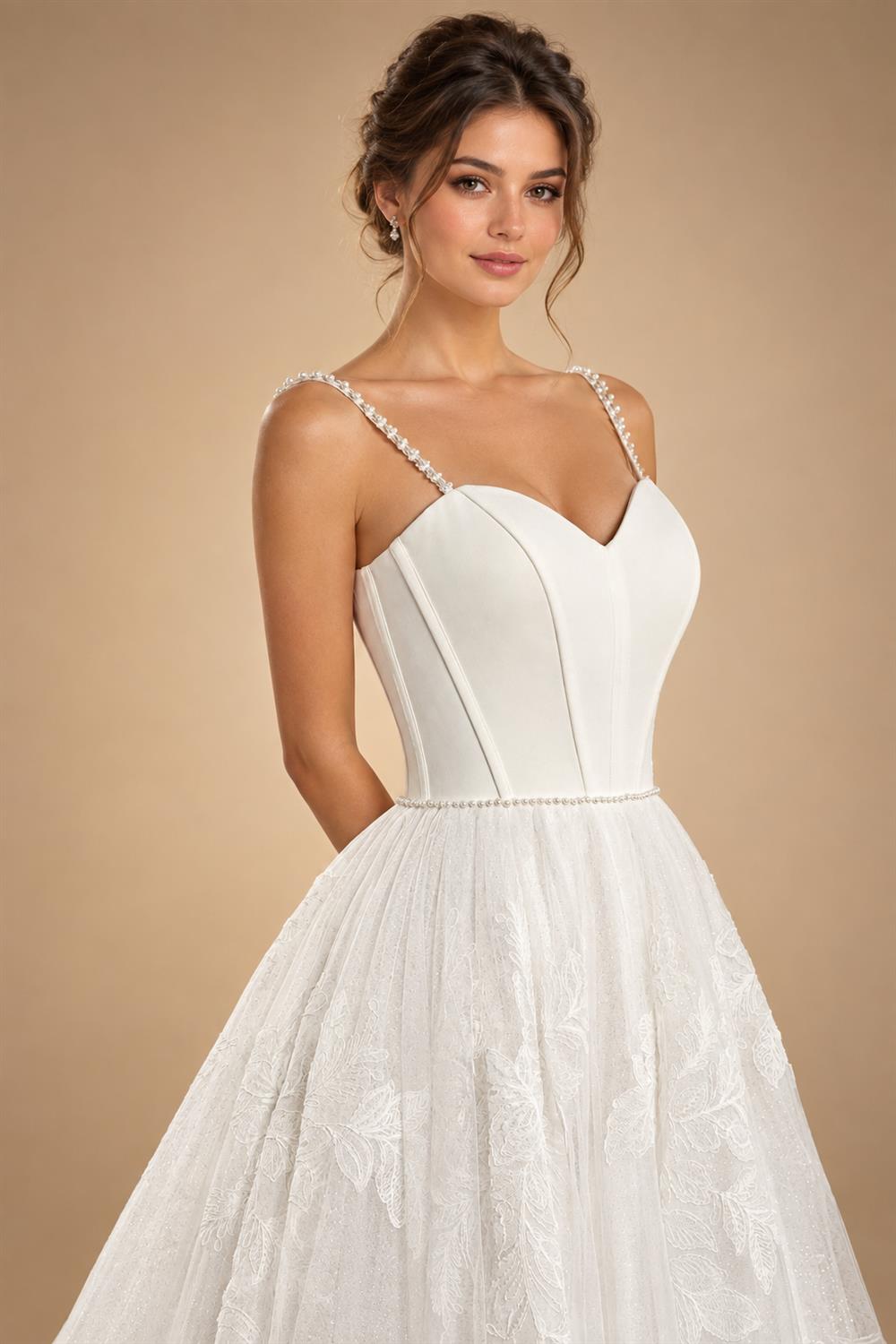 Elegant White Spaghetti Strap Satin Bodice Lace Tulle Wedding Dress with Train ZP065