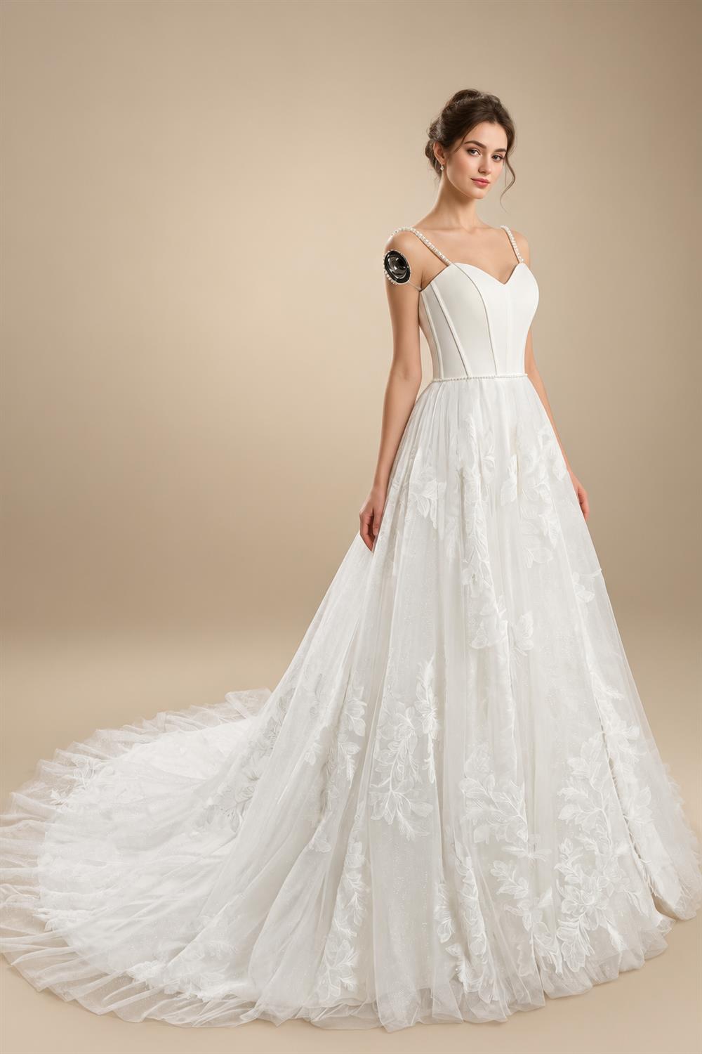 Elegant White Spaghetti Strap Satin Bodice Lace Tulle Wedding Dress with Train ZP065