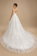 Elegant White Spaghetti Strap Satin Bodice Lace Tulle Wedding Dress with Train ZP065