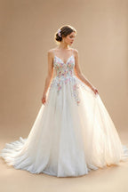 Glamorous White Floral Applique A-Line Tulle Wedding Dress with Train ZP066