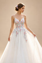 Glamorous White Floral Applique A-Line Tulle Wedding Dress with Train ZP066