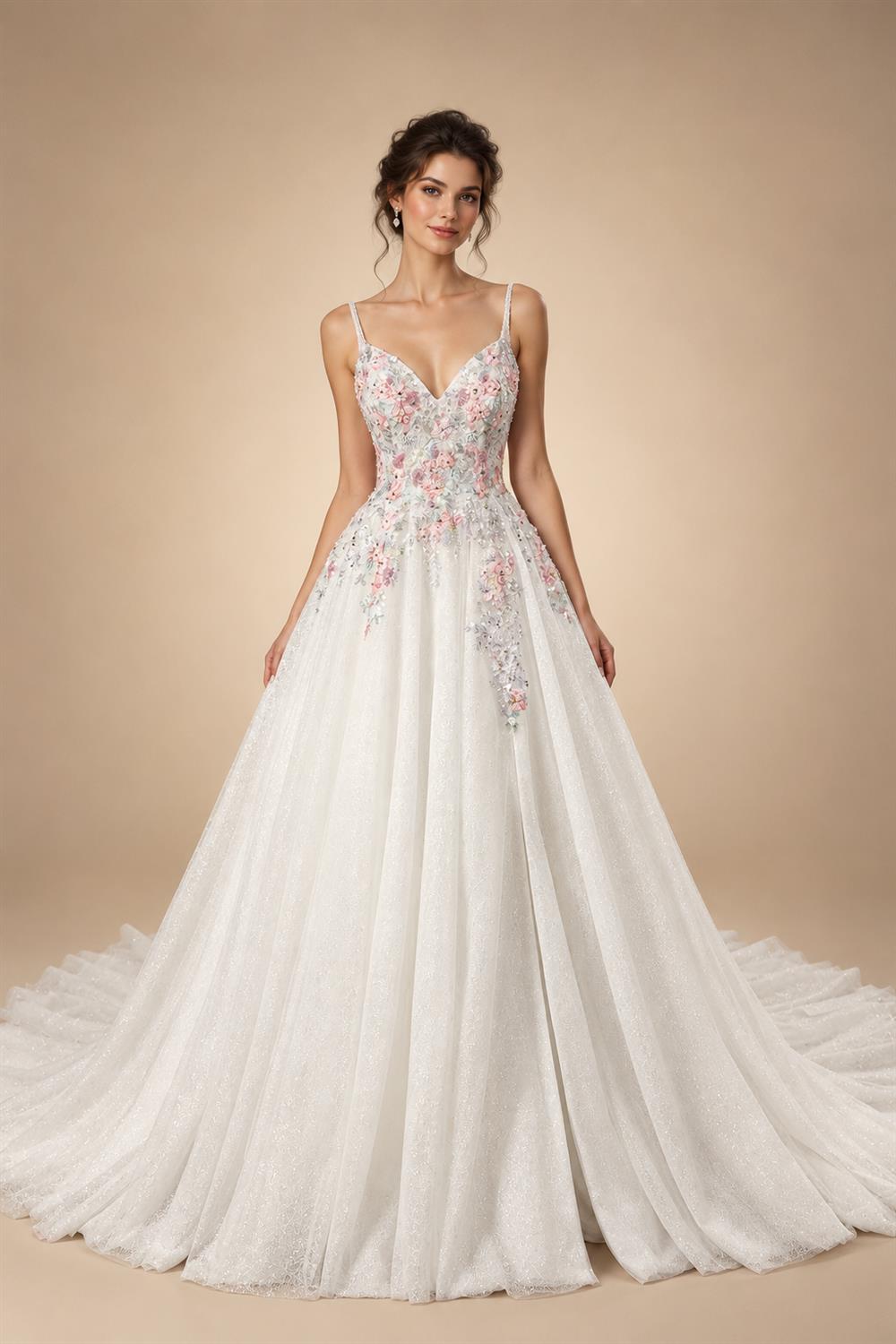 Glamorous White Floral Applique A-Line Tulle Wedding Dress with Train ZP066