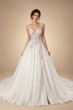 Glamorous White Floral Applique A-Line Tulle Wedding Dress with Train ZP066