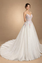 Glamorous White Floral Applique A-Line Tulle Wedding Dress with Train ZP066