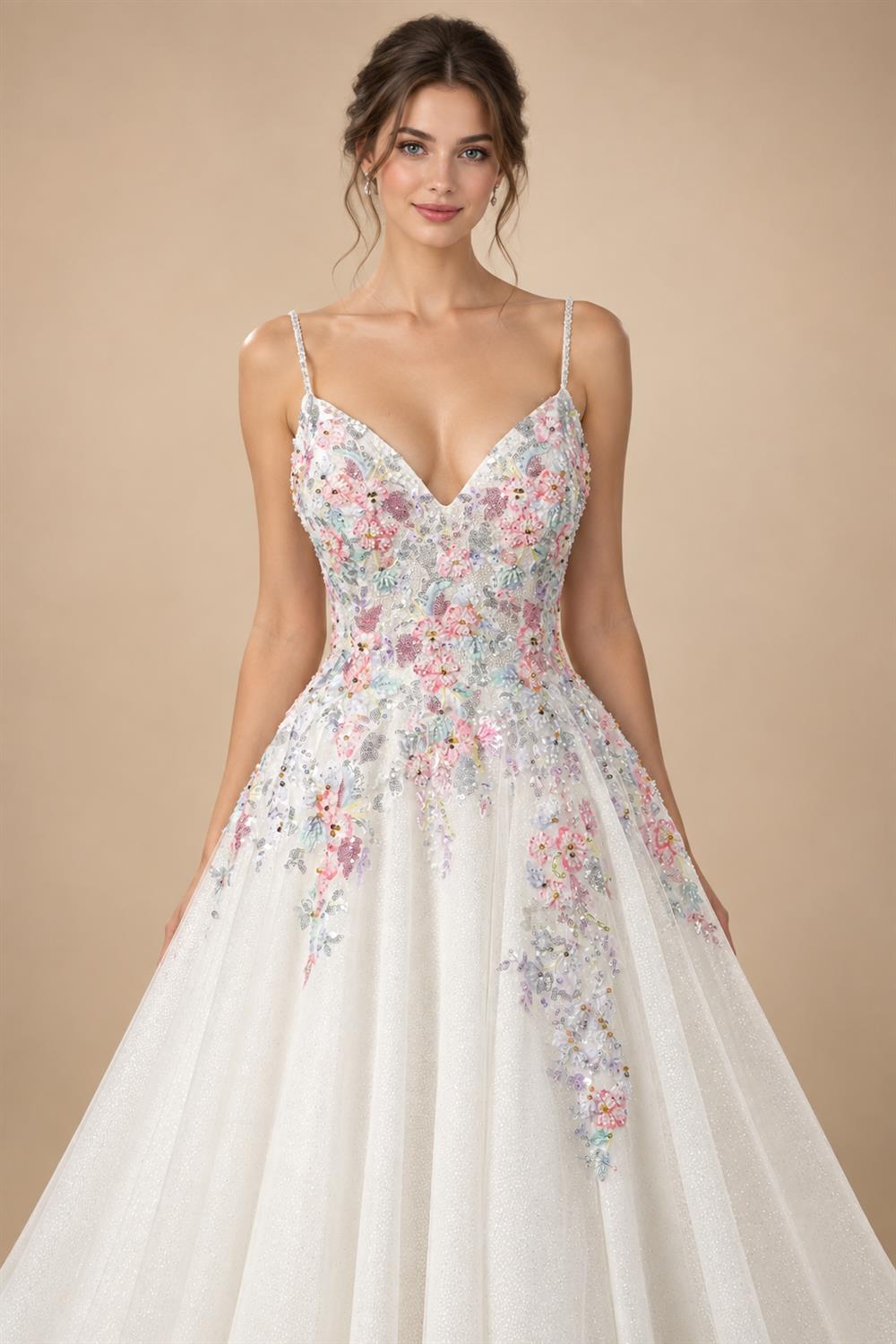 Glamorous White Floral Applique A-Line Tulle Wedding Dress with Train ZP066