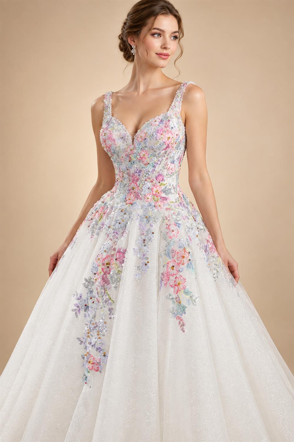 Glamorous White Floral Applique A-Line Tulle Wedding Dress with Train ZP066
